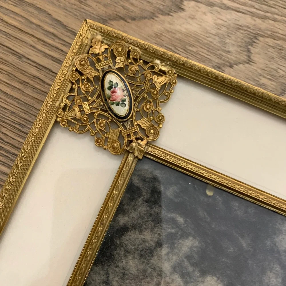 Vintage Brass Filigree Picture Frame Enamel Floral Corners Velvet Back 10x13